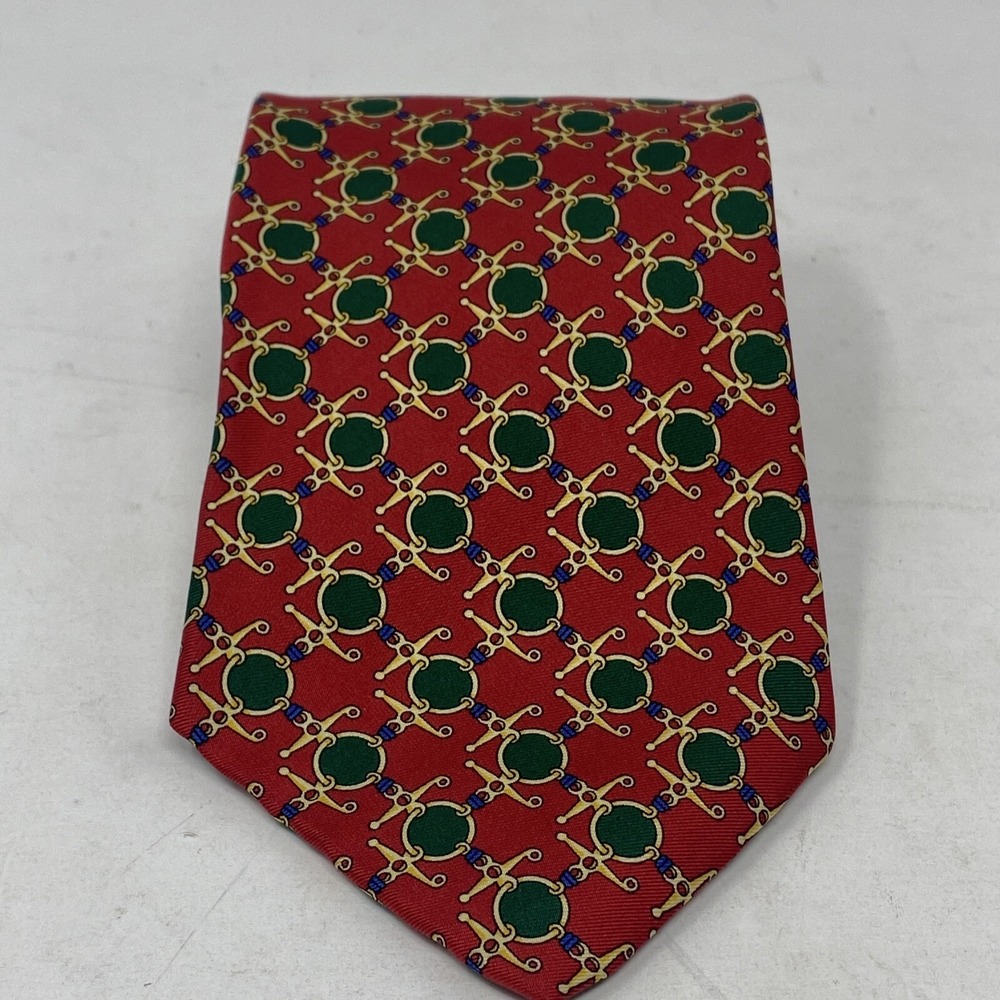 Burberrys Tie Mens Red Medallion Silk Chain Geometric Necktie Preppy Made in USA